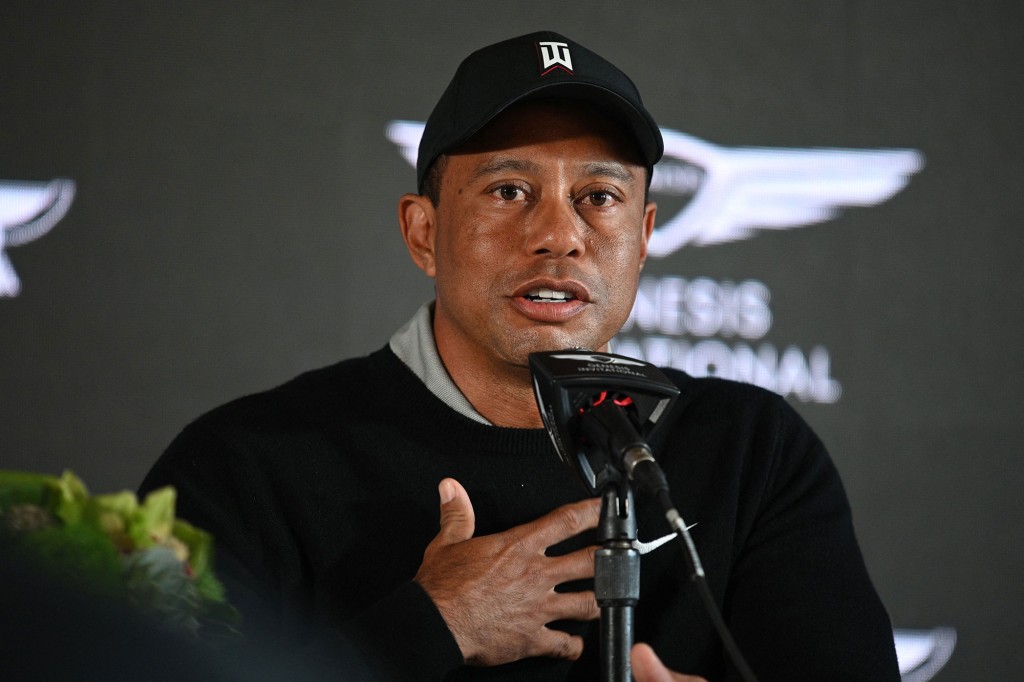 L'hôte de Genesis Invitational, Tiger Woods, prend la parole lors d'une conférence de presse