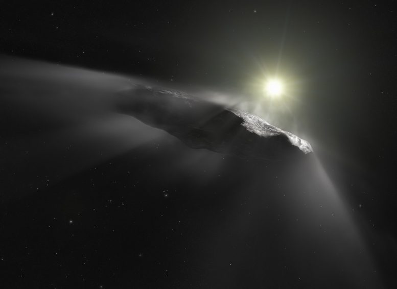 Vue d'artiste de l'astéroïde interstellaire Oumuamua
